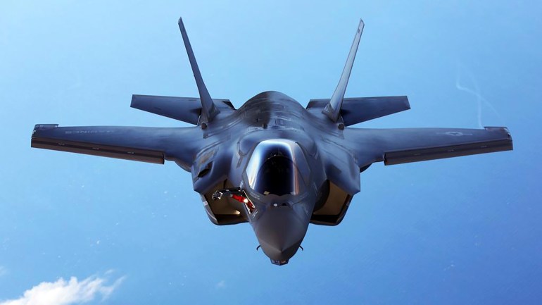 A US Marine Corps F-35B joint strike fighter jet during training over the Atlantic Ocean