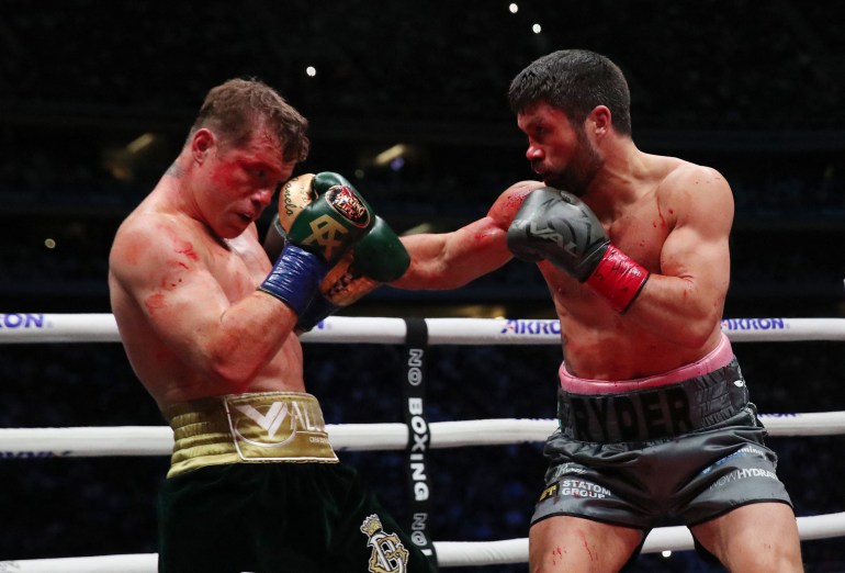 Boxing - Super Middleweight - Saul 'Canelo' Alvarez v John Ryder - Estadio Arkon, Guadalajara, Mexico - May 7, 2023 Saul 'Canelo' Alvarez in action during his fight against John Ryder Reuters/Henry Romero