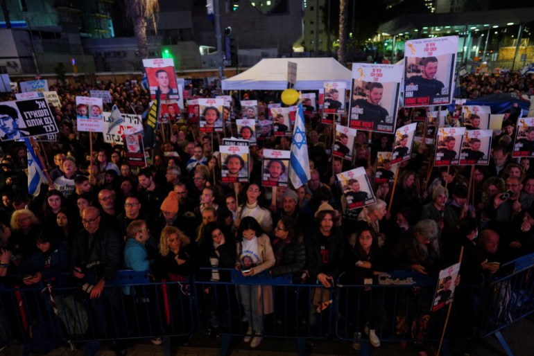 Protest at ‘Hostages Square’ in Tel Aviv marking 100 days since October 7, January 13, 2024 [Alexandre Meneghini/Reuters]