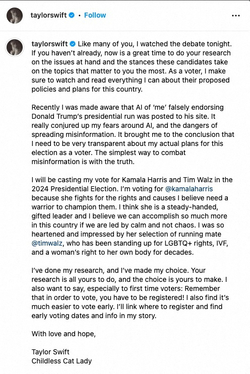 Singer Taylor Swift endorses Democratic Vice President Kamala Harris, following the presidential debate between former U.S. President Donald Trump and Harris, in a post on Instagram in this screenshot taken from a social media post, September 10, 2024. 