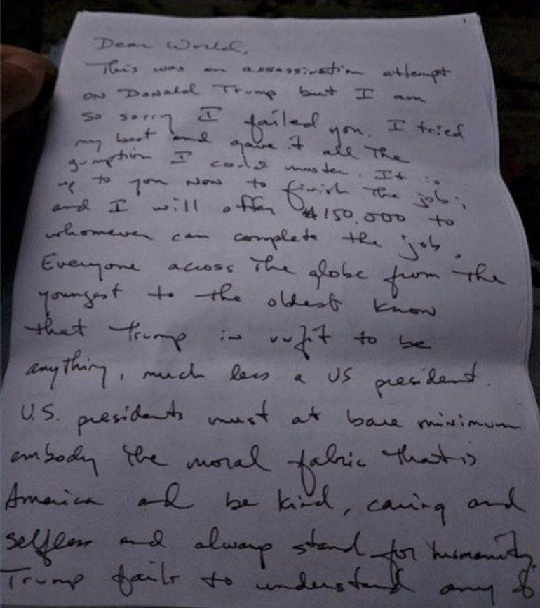 Picture of handwritten letter said to be by Ryan Routh, the man alleged to have carried out an attempted assassination on former U.S. President Donald Trump. [US District Court /Florida/Handout via Reuters]