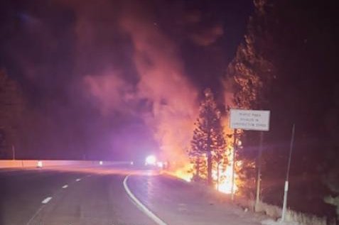 The National Transportation Safety Board said Friday an August 19 Tesla semi truck fire after a crash on I-80 in Placer County , California took about 50,000 gallons of water to extinguish. The burning Tesla closed I-80 for more than 14 hours. Photo courtesy of California Highway Patrol/NTSB