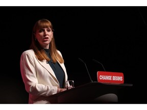 Angela Rayner speaks on the opening day of the UK Labour Party annual conference in Liverpool on Sunday. Photographer: Hollie Adams/Bloomberg