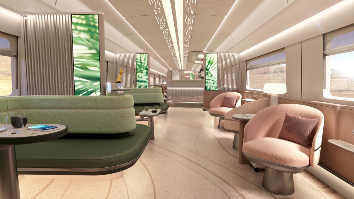 Brightline West plans sleek lounges on its train service between greater L.A. and Las Vegas.
