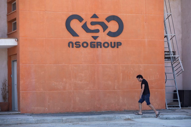 A logo adorns a wall on a branch of the Israeli NSO Group near the southern Israeli town of Sapir