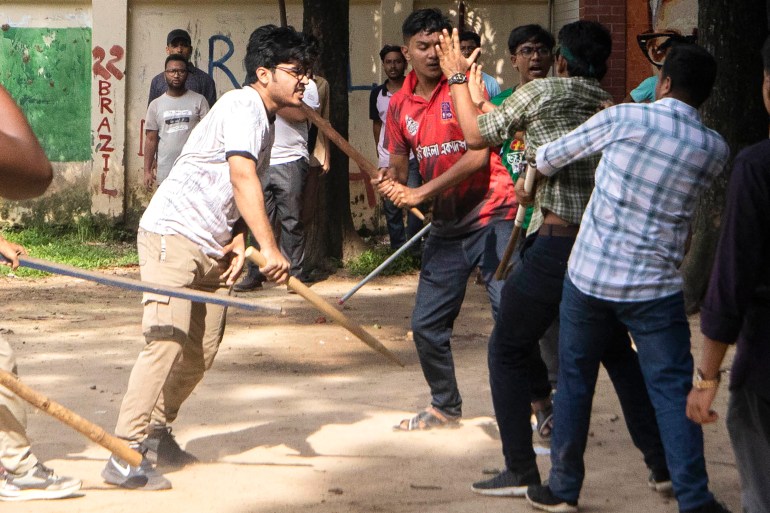 Students clash over quota system at Jahangir Nagar University at Savar outside Dhaka, Bangladesh, Monday, July 15, 2024. Police have fired tear gas and charged with batons overnight during violent clashes between a pro-government student body and student protesters, leaving dozens injured at a leading public university outside Bangladesh's capital over quota system in government jobs, police and students said Tuesday.(AP Photo/Abdul Goni)