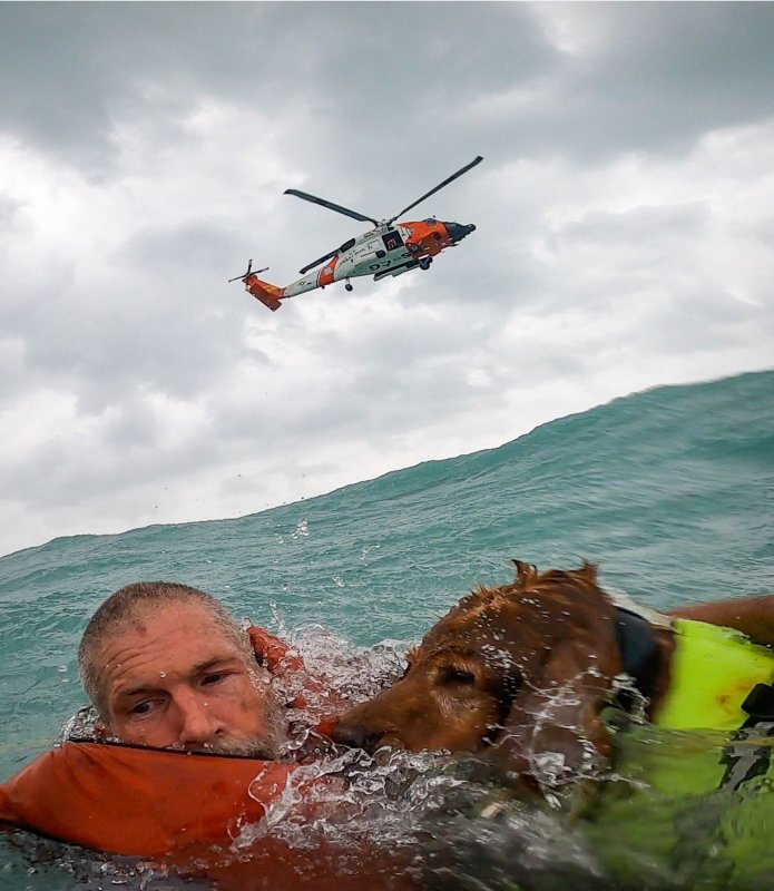 Rescuers out of USCG Air Station Clearwater saved a man and his dog, on Thursday, September 26, 2024, during Hurricane Helene after his 36-ft sailboat became disabled and started taking on water approximately 25 miles off Sanibel Island. Hurricane Helene made landfall in Florida late Thursday, as a Category 4 storm with winds up to 140 mph. Photo via U.S. Coast Guard/UPI