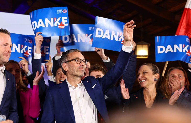 Chairman of the Freedom Party of Austria Herbert Kickl celebrates during an election event after parliamentary elections in Vienna, Austria, on Sunday, September 29. Photo by Filip Singer/EPA-EFE