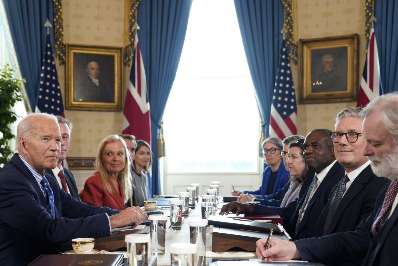 President Joe Biden (L) and British Prime Minister Keir Starmer (R) reached common ground at a White House meeting, but the two did not reach a decision on allowing Ukraine to launch long-range weapons into Russian territory. Photo by Yuri Gripas/UPI