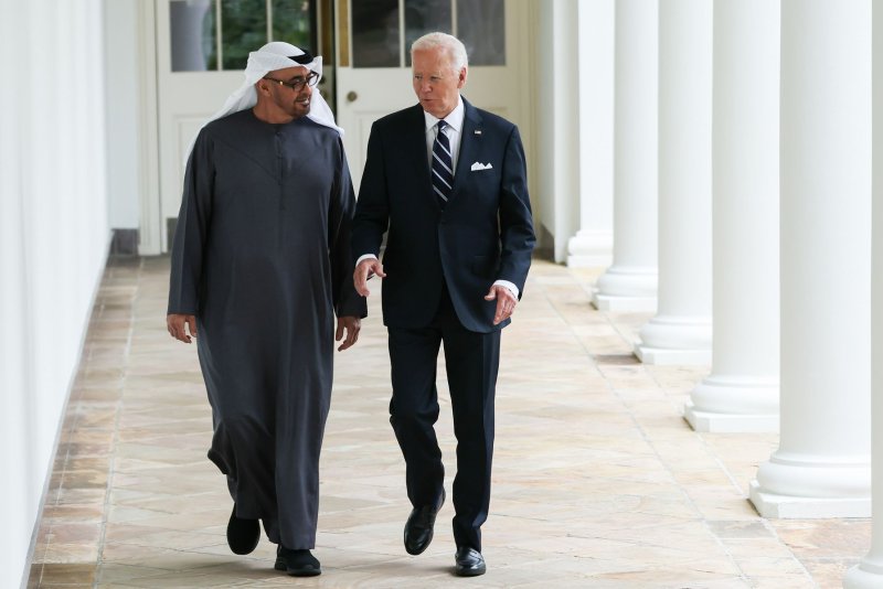 United Arab Emirates (UAE) President Sheikh Mohammed bin Zayed Al Nahyan walks along the colonnade with President Joe Biden at the White House on Monday, in Washington, D.C. President Biden is hosting the UAE president for a bilateral meeting to discuss escalating tensions in the Middle East, trade and technology. Photo by Samuel Corum/UPI