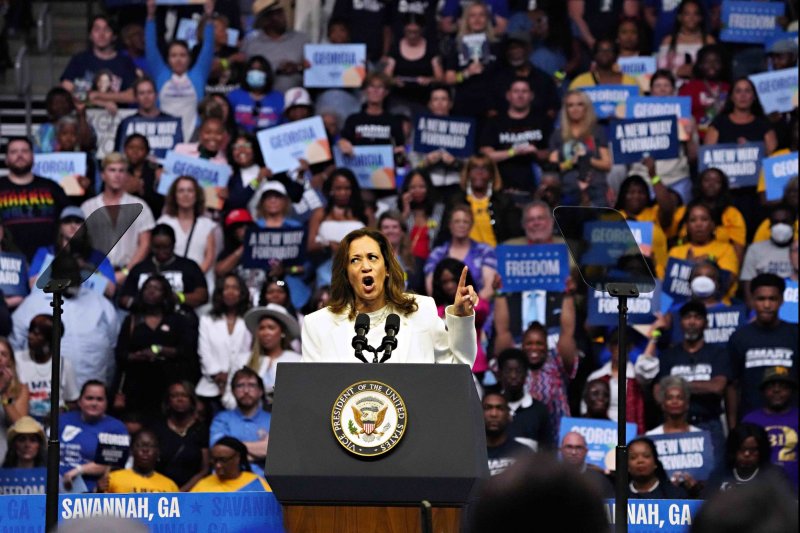 U.S Vice President Kamala Harris delivers remarks on Thursday to supporters at a campaign event in Savannah, Geo. Harris and Walz will be in Pennsylvania on Monday for Labor Day campaign events. Photo by Richard Ellis/UPI