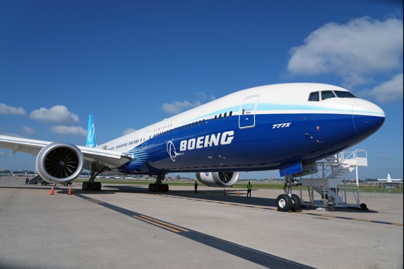 A Boeing 777-9 commercial jet sits on the tarmac during a layover at St. Louis-Lambert International Airport in St. Louis on June 26, 2023. File photo by Bill Greenblatt/UPI