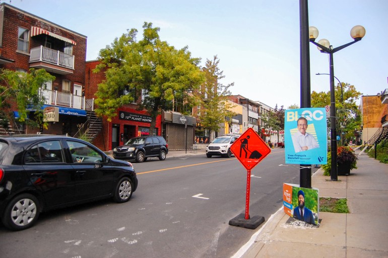 Campaign posters on a street in the Montreal neighbourhood of Ville-Emard ahead of a byelection