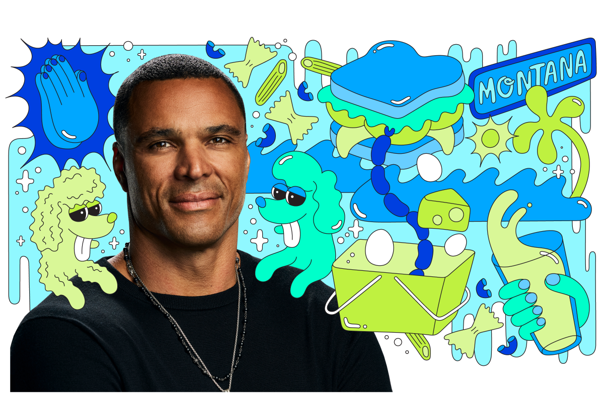 Photo of athlete Tony Gonzalez surrounded by colorful illustrations like 2 dogs, a sandwich, pasta, ocean waves and a beer