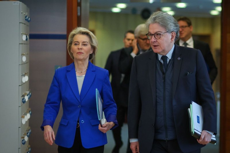 European Commissioner for the Internal Market Thierry Breton (R) who quit Monday with EC President Ursula von der Leyen, a relationship said to have been tense for most of the five years they worked together. File Photo by Olivier Hoslet/EPA-EFE