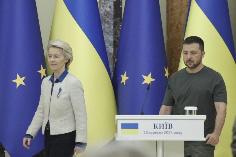 European Commission President Ursula Von der Leyen announced a $39 billion loan to help Ukraine rebuild is energy and civilian infrastructure as she met with President Volodymyr Zelensky in Kyiv on Friday. Photo by Sergey Dolzhenko/EPA-EFE