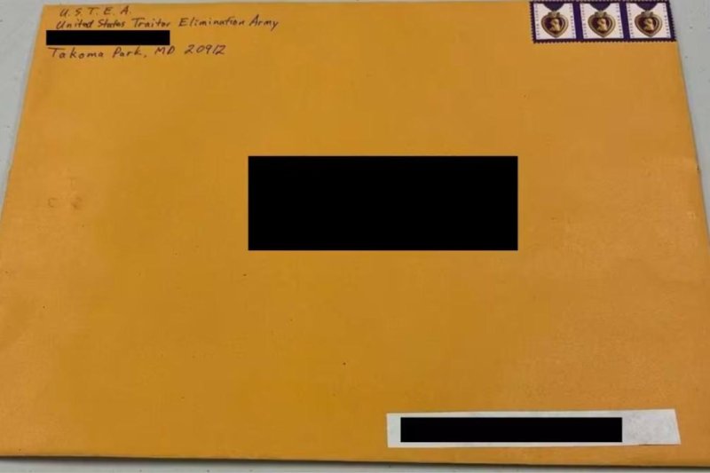 A letter received by Maryland election officials Monday shows the sender is listed as the U.S. Traitor Elimination Army. Photo courtesy of FBI