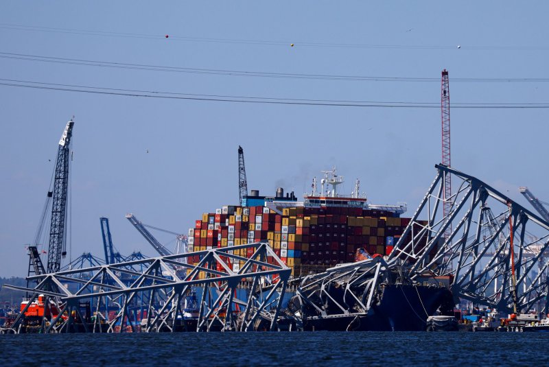 Federal authorities boarded the Maersk Saltoro, sister ship of the Maersk Dali that caused the Baltimore bridge collapse on March 26 that killed six, 15 minutes after the Saltoro entered the Port of Baltimore at 5:45 a.m. Saturday. File Photo by Julia Nikhinson/UPI