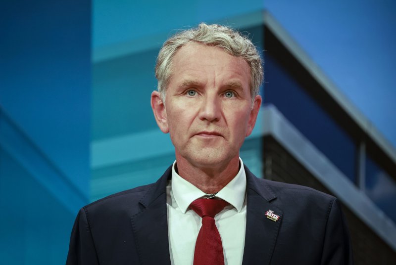 Björn Höcke, the far-right AfD party chair for Thuringia, attends a TV debate at the regional parliament of Thuringia in Erfurt, Germany, On Sunday when voting began. He is projected to be the state's new premier. Photo by Clemens Bilan/EPA-EFE