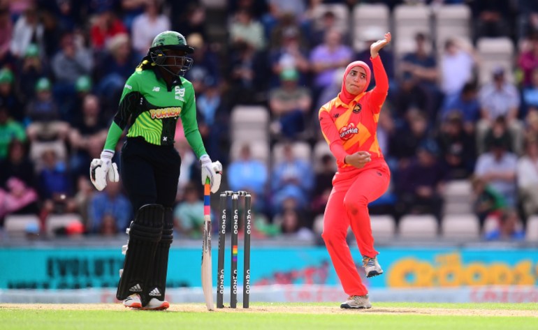 SOUTHAMPTON, ENGLAND - JULY 30: Abtaha Maqsood of Birmingham Phoenix Women in bowling action during The Hundred match between Southern Brave Women and Birmingham Phoenix Women at The Ageas Bowl on July 30, 2021 in Southampton, England. (Photo by Harry Trump/Getty Images)