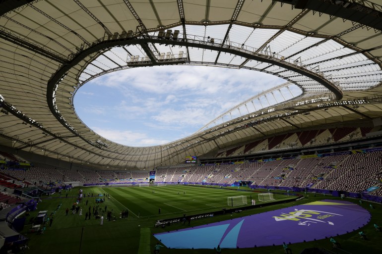 DOHA, QATAR - JANUARY 29: General view inside the stadium prior to the AFC Asian Cup Round of 16 match between Iraq and Jordan at Khalifa International Stadium on January 29, 2024 in Doha, Qatar. (Photo by Lintao Zhang/Getty Images)