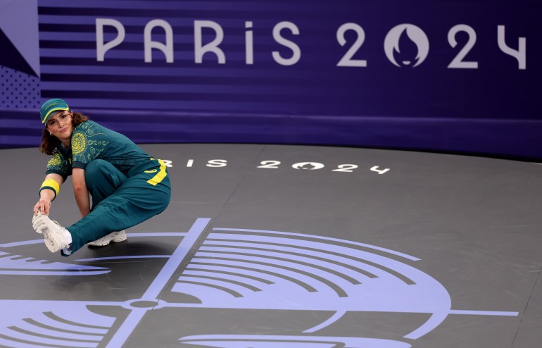 PARIS, FRANCE - AUGUST 09: B-Girl Raygun of Team Australia competes during the B-Girls Round Robin - Group B on day fourteen of the Olympic Games Paris 2024 at Place de la Concorde on August 09, 2024 in Paris, France. (Photo by Ezra Shaw/Getty Images)