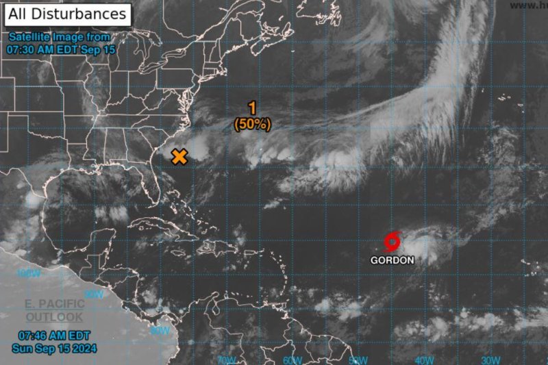 Tropical Storm Gordon was forecast to weaken into a depression later Sunday in the Atlantic. And a disturbance off the Carolinas may become a depression or disturbance later in the week. Image courtesy of National Oceanic and Atmospheric Organization.