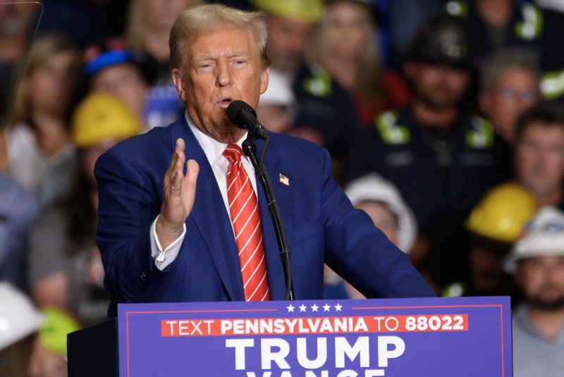 Former President Donald Trump addresses his supporters at the 1st Summit Arena at Cambria County War Memorial in Johnston Pennsylvania on August 30. File Photo by Archie Carpenter/UPI.