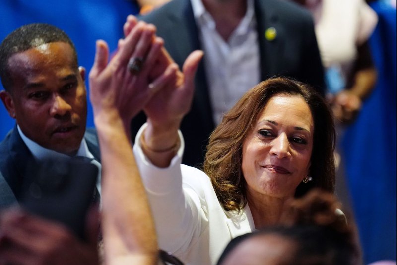 U.S Vice President Kamala Harris high fives a supporter as she greets the audience at a campaign event in Savannah, Georgia on Thursday, August 29, 2024. Harris and running mate Governor Tim Walz launched their bus tour through Georgia and ended with the event at the Enmarket Arena. (Photo by Richard Ellis/UPI)