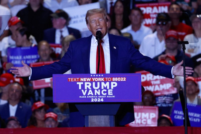 Republican Presidential candidate former US President Donald Trump speaks at a campaign rally at the Nassau Coliseum in Uniondale, New York on Wednesday. The House passed a bill to increase protection of presidential candidates. Photo by Peter Foley/UPI