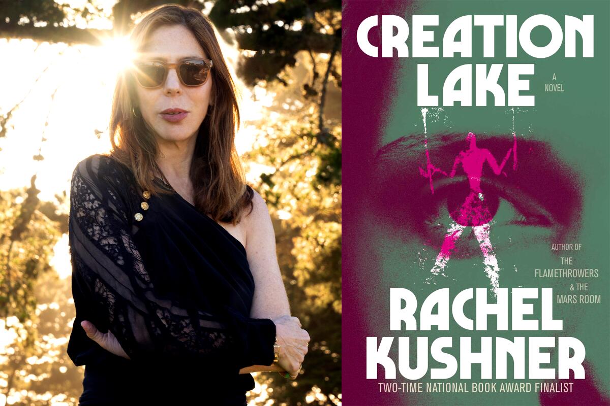 A photo of author Rachel Kushner next to the cover of her new novel, "Creation Lake."