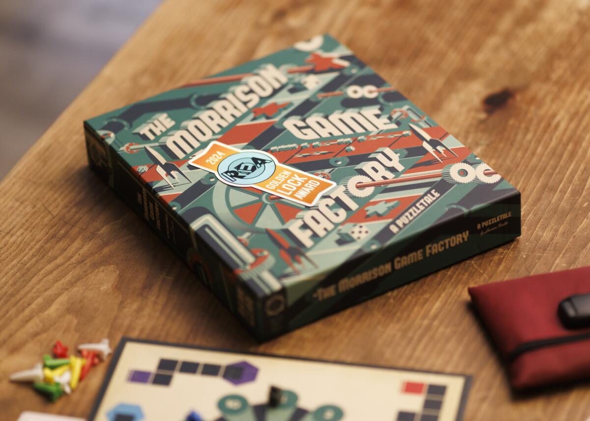 Vintage-looking box for Lauren Bello's game, "The Morrison Game Factory."