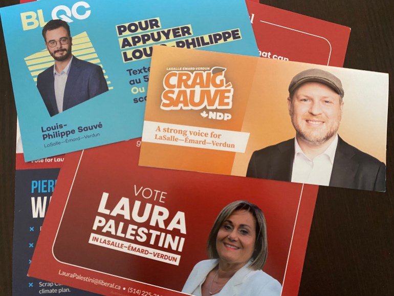 Campaign pamphlets for the leading candidates in a Montreal byelection