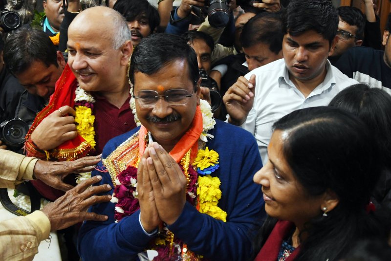 India's supreme court Friday granted bail and freed political opposition leader Arvind Kejriwal (C) following six months in jail. He claims the corruption case against him is politically motivated. Photo by EPA-EFE/STR