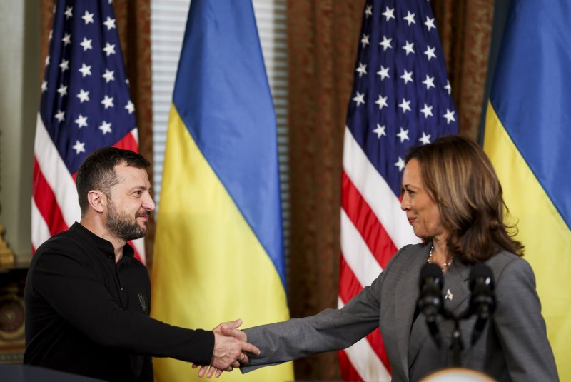 Vice President Kamala Harris meets with Ukraine's President Volodymyr Zelensky in the Vice President's ceremonial office in Washington, D.C. on Thursday. Harris offered strong backing for Ukraine's war against Russian invaders, seeking to draw a distinction with her Republican opponent in November's election, Donald Trump. Photo by Ting Shen/UPI