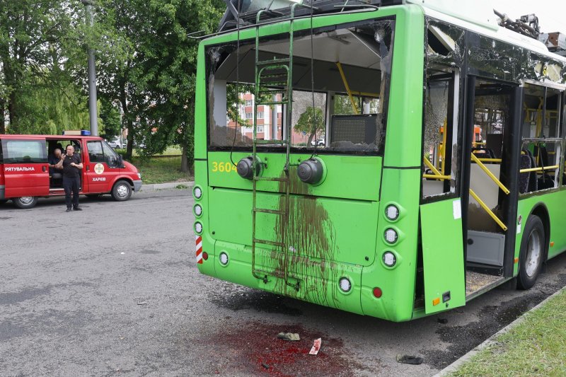 A bus stained in blood following a shelling on a residential area in Kharkiv, Ukraine, May 22, 2024, amid the Russian invasion. At least 10 people were wounded in a glide bomb attack, according to the mayor of Kharkiv Igor Terekhov. Photo by Sergey Kozlov/EPA-EFE