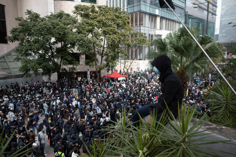 Protesters take part in a pro-democracy rally in Hong Kong, China, on January 19, 2020. A 27-year-old man was convicted for violating a new security law for wearing a t-shirt to support such protests. File Photo by Jerome Favre/EPA-EFE