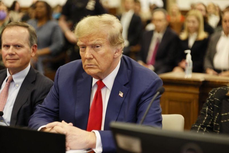 Former President Donald Trump sits in New York State Supreme Court during his civil fraud trial at New York Supreme Court on January 11. His attorneys argued to throw out the $425 million verdict against him Thursday during an appellate court hearing. File Pool Photo by Michael M. Santiago/UPI