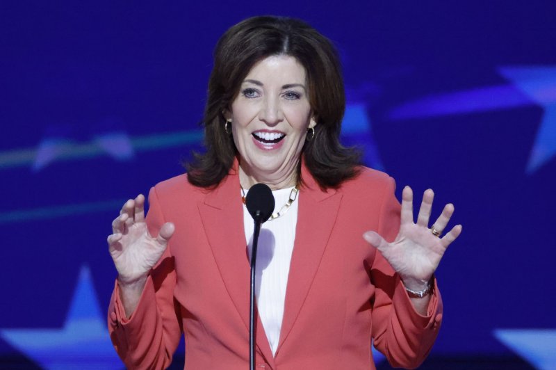 New York Gov. Kathy Hochul speaks at the 2024 Democratic National Convention at the United Center in Chicago in August. Hochul has been diagnosed with skin cancer. Photo by Tannen Maury/UPI