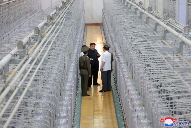 North Korean leader Kim Jong Un inspected a uranium enrichment facility and called for an increase in the number of centrifuges to "exponentially" expand the country's nuclear arsenal, state-run media reported Friday. Photo by KCNA/UPI