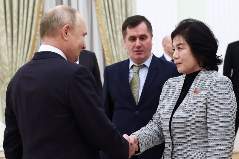 North Korean Foreign Minister Choe Son Hui (R) is traveling to Russia this week to attend a pair of forums, state-run media reported Tuesday, as military ties continue to grow between the isolated regimes. Choe met with Russian President Vladimir Putin (L) in Moscow in January. File Kremlin Pool Photo by Artem Geodakyan/Sputnik/EPA-EFE