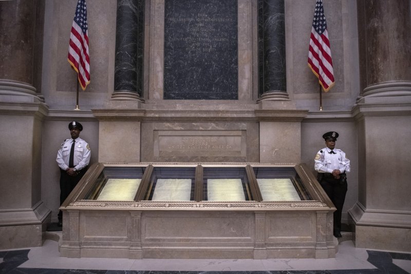 The Constitution of the United States of 1789 is on display along with other historical documents in the rotunda of the National Archives Museum in Washington, D.C. On September 17, 1787, the U.S. Constitution, completed in Philadelphia, was signed by a majority of the 55 delegates to the Constitutional Convention. File Photo by Pat Benic/UPI