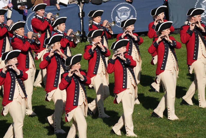 The U.S. Army Old Guard Fife and Drum Corps performs during a ceremony on the South Lawn of the White House in Washington D.C., on October 25, 2023. On September 29, 1789, the U.S. War Department organized the country's first standing army -- 700 soldiers who would serve for three years. File Photo by Pat Benic/UPI