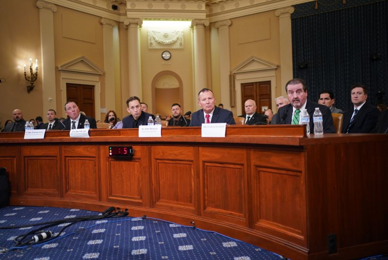 Sergeant Edward Lenz (L to R), Patrolman Drew Blasko, Lt. John Herold and former Secret Service Agent Patrick Sullivan look on during the first hearing of the Task Force on the Attempted Assassination of Donald Trump at the U.S. Capitol in Washington, D.C., on Thursday. Photo by Bonnie Cash/UPI