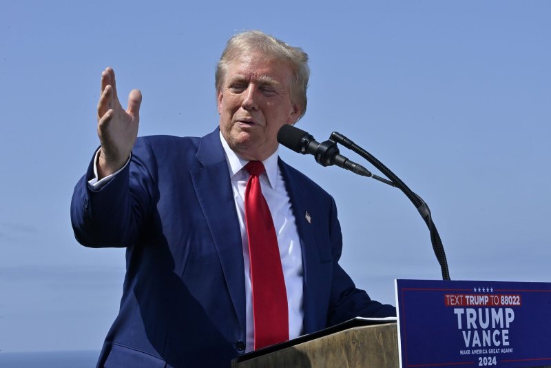 Former president and Republican presidential nominee Donald Trump gives remarks to the press at Trump National Gold Club in Los Angeles on Friday, September 13, 2024. On Sunday, he was the apparent target of an association attempt. Photo by Jim Ruymen/UPI