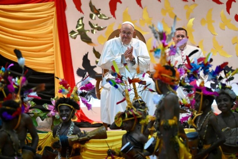 Pope Francis visits Street Ministry and Callan Services in the Caritas Technical Secondary School in Port Moresby, Papua New Guinea, Saturday. Photo by Alessandro Di Meo/EPA-EFE