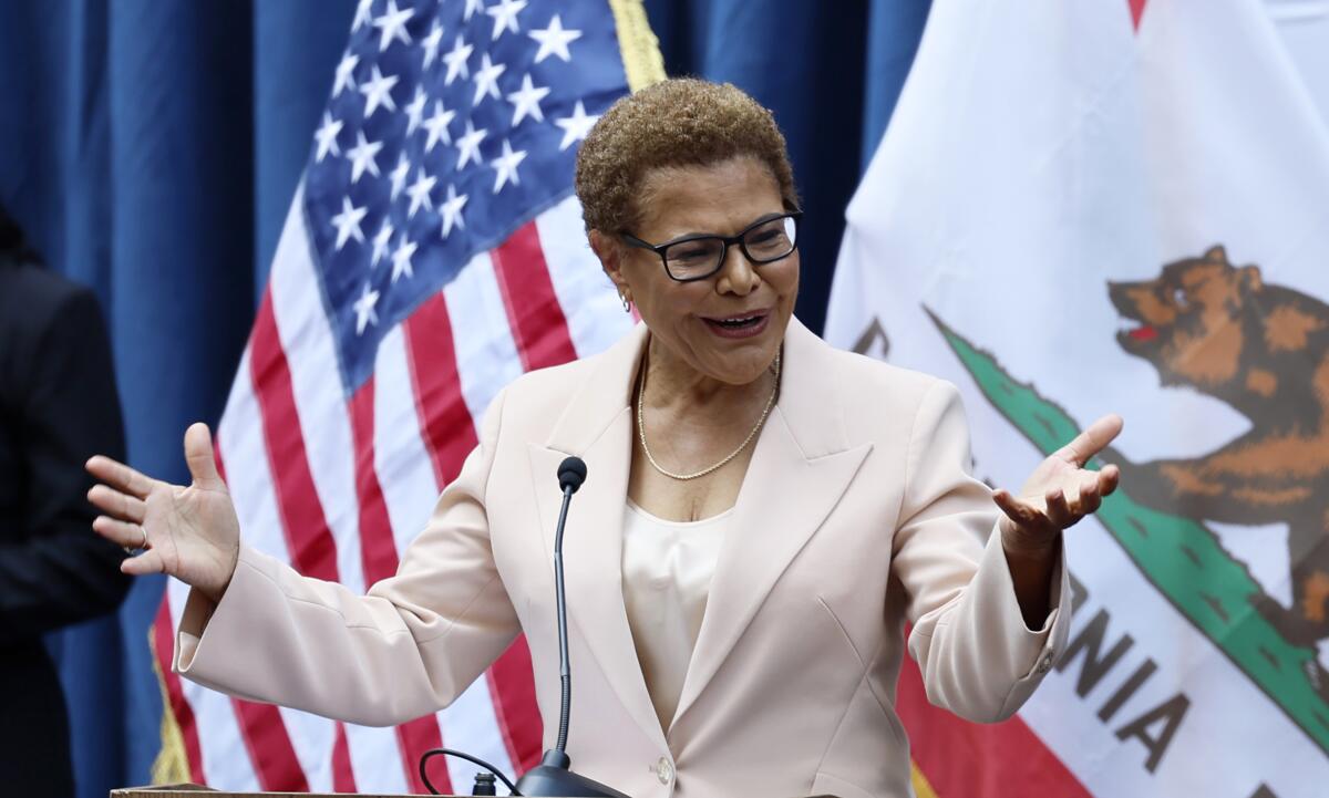 Los Angeles Mayor Karen Bass hosts a celebration to show off the Olympic and Paralympic flags at Los Angeles City Hall.