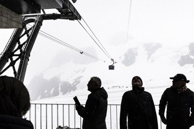 View from valley station Testa Grigia towards Klein Matterhorn onto the new gondola before the official opening of the new Matterhorn Glacier Ride II on June 30, 2023. Glacier melt in the same area has forced Switzerland and Italy to redraw their border. File Photo by Dominic Steinmann/EPA-EFE