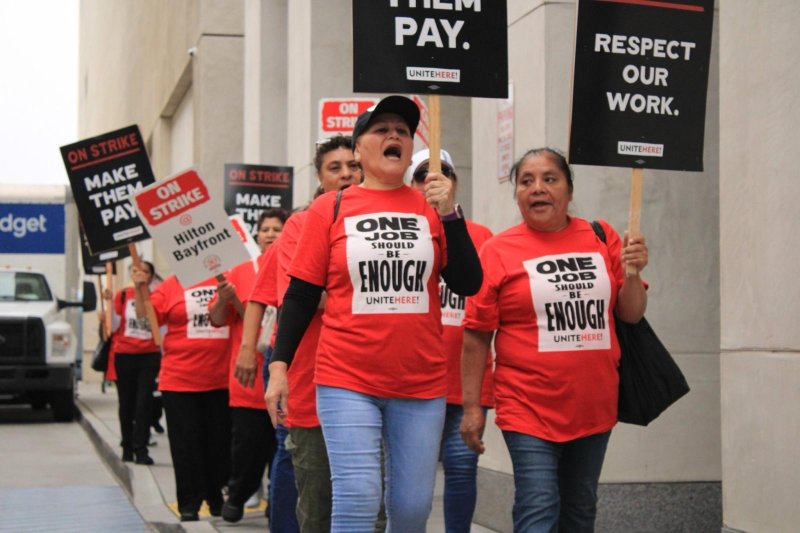 Some 10,000 hotel workers formed picket lines in eight cities across the United States on Sunday as they called for better wages and the restoration of job cuts made during the COVID-19 pandemic. Photo courtesy of UNITE HERE/X