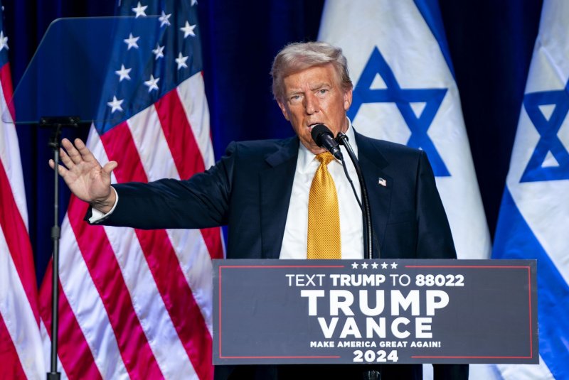 Former President Donald Trump speaks during a Fighting Anti-Semitism in America event at the Hyatt Regency Washington on Capitol Hill in Washington, DC on Thursday. Photo by Bonnie Cash/UPI